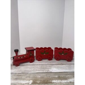 Vintage 15" Red Wooden Christmas Train Planter Candy Candle Decoration Holly